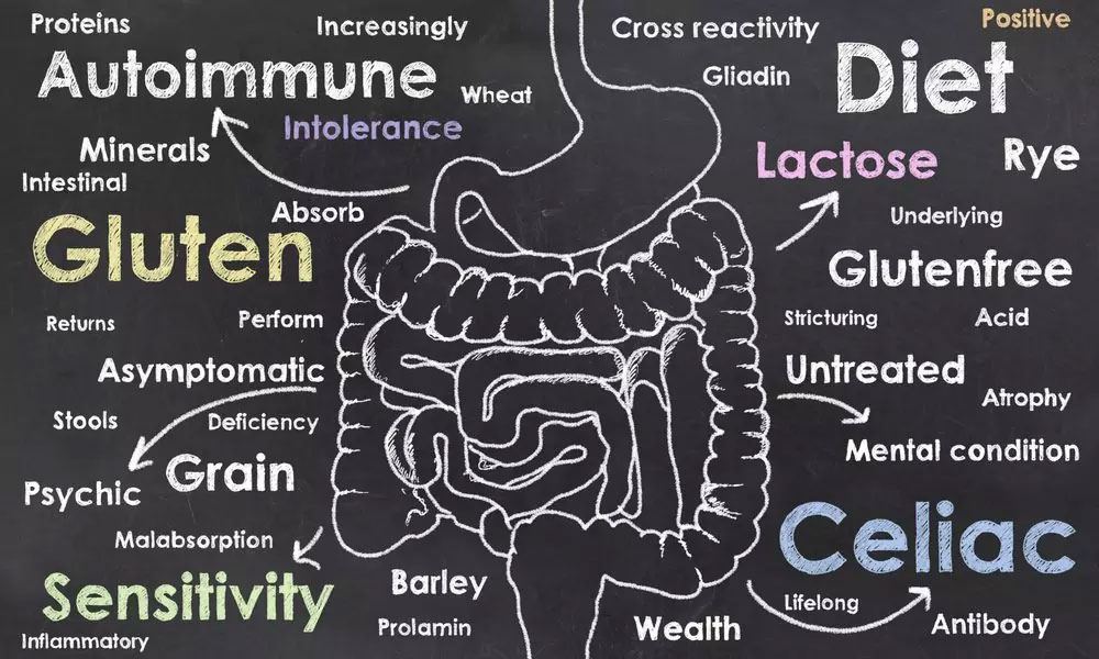 The-7-Benefits-of-Going-Grain-Free Chalkboard illustration of a digestive system with words like "Gluten," "Celiac," and "Sensitivity" surrounding it, highlighting food sensitivity. Emphasizes gluten-free, allergen-friendly diets for healthy living and fresh, wholesome meals.| Daré Vita Café | Las Vegas