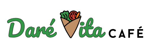 The Daré Vita Café logo features vibrant green cursive text with a stylized crepe filled with fresh produce, symbolizing their focus on allergen-friendly, plant-based, and wholesome meals.| Daré Vita Café | Las Vegas